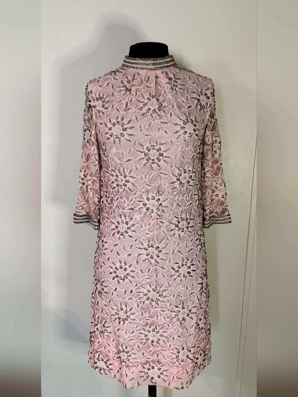 Valentina Pink Lace Shift Dress with Beaded Collar